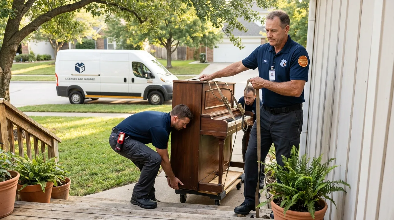 Licensed piano movers securing grand piano in Eaton Rapids, MI