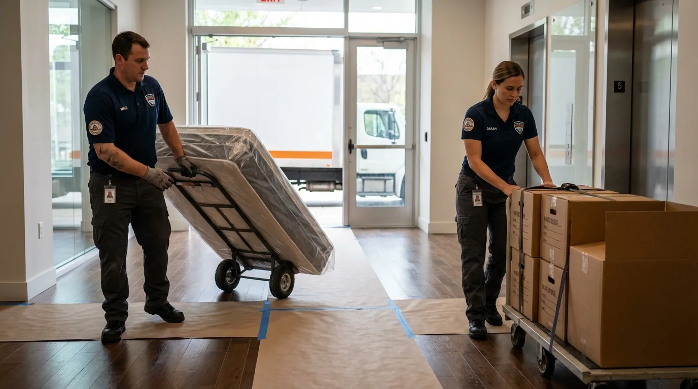 Professional apartment movers loading elevator in Eaton Rapids, MI