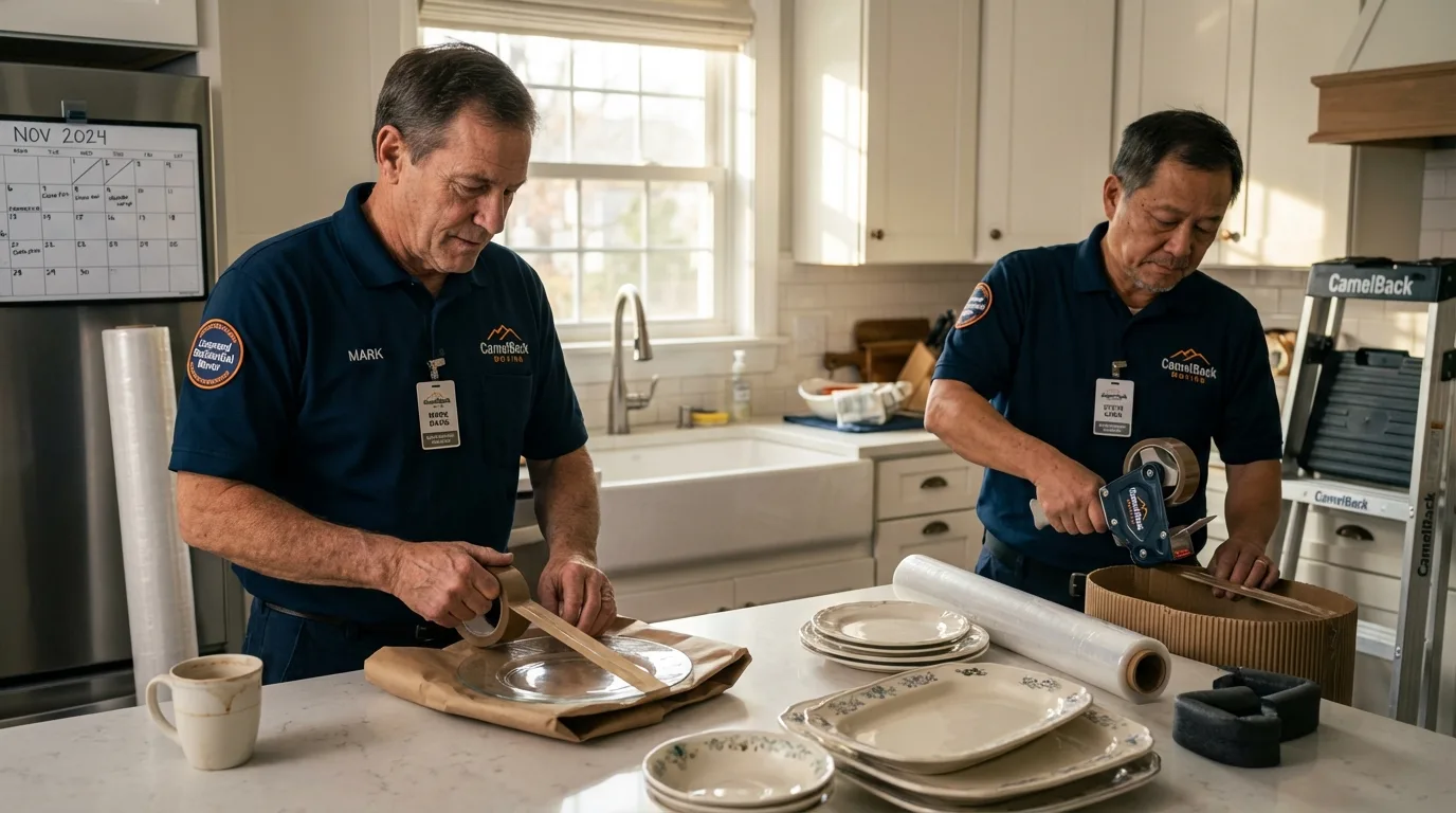 Professional crew packing kitchen dishware in Eaton Rapids, MI
